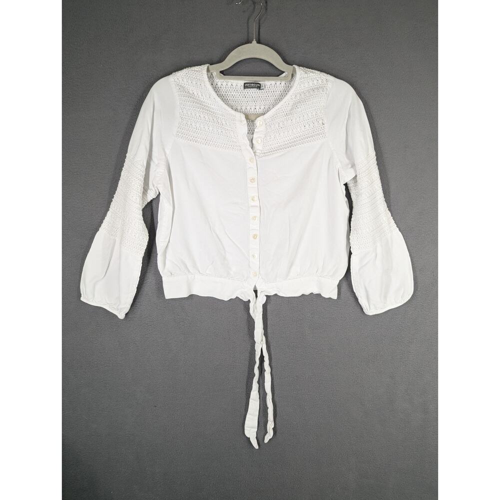 Earthbound Button Up Top Blouse Womens XL White Smocked Peasant Boho Tie Waist